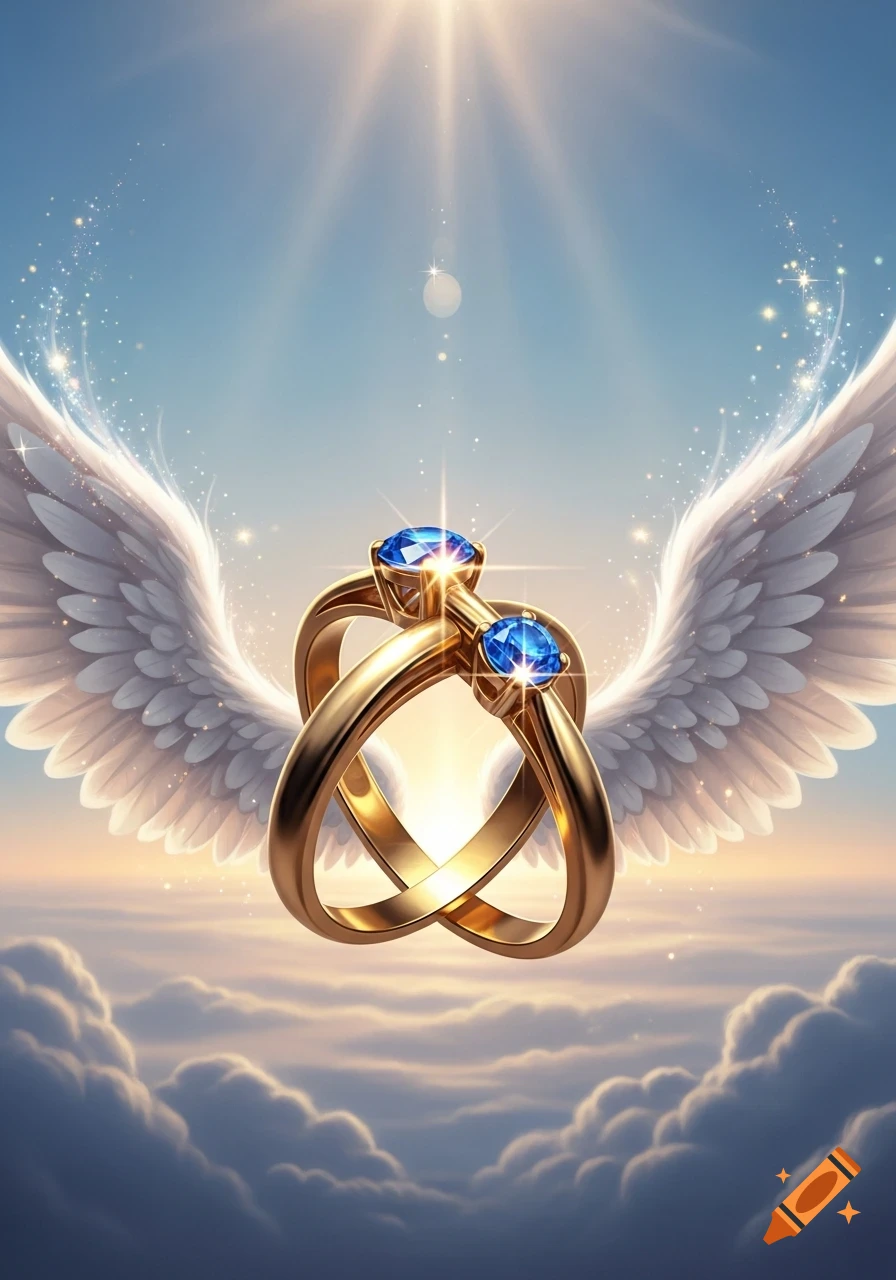 Two intertwined gold rings with blue gems and ethereal white wings float in a bright, cloudy sky.