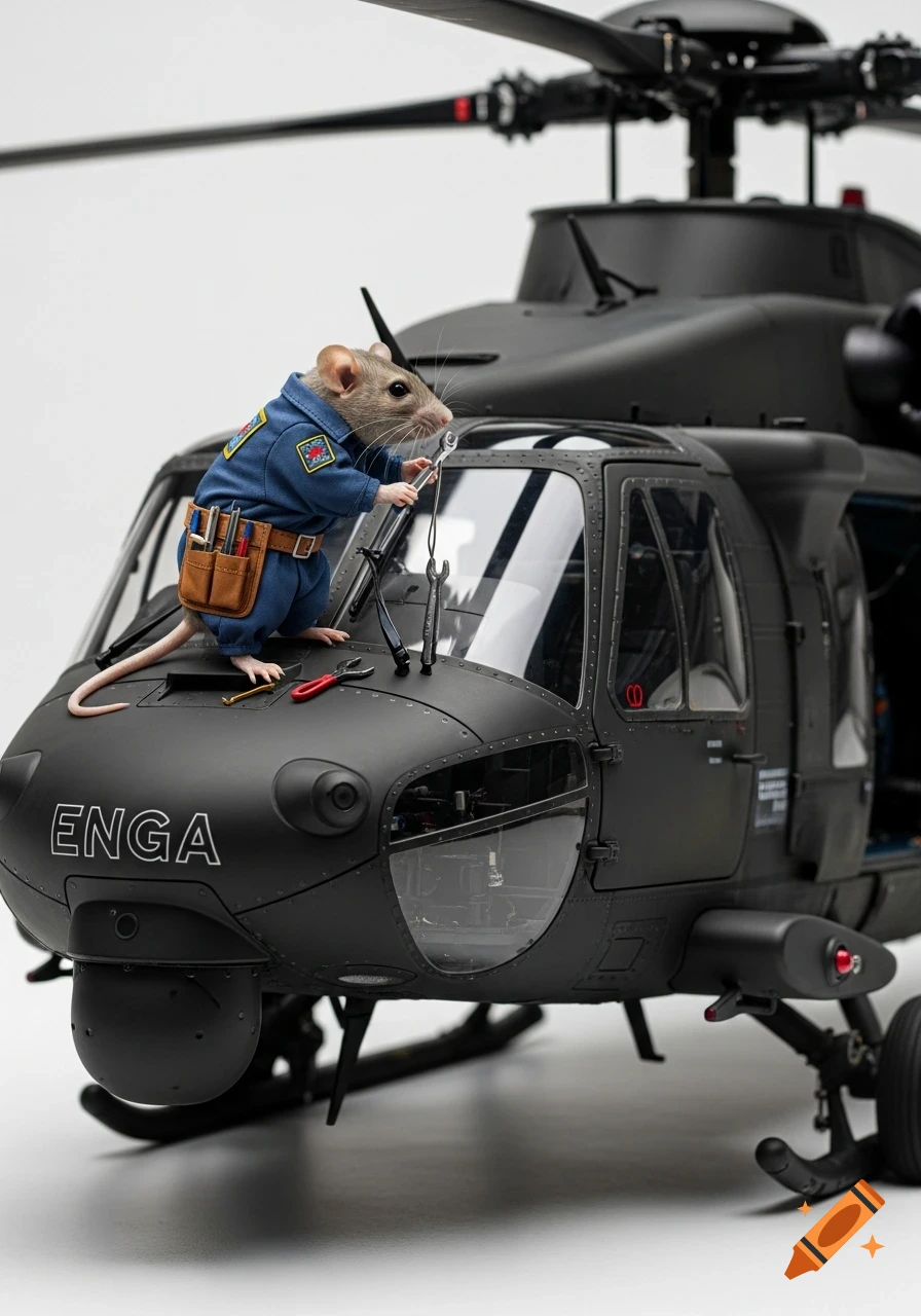 Photorealistic image of a rat in a mechanic's uniform using tiny tools to repair a black military helicopter.