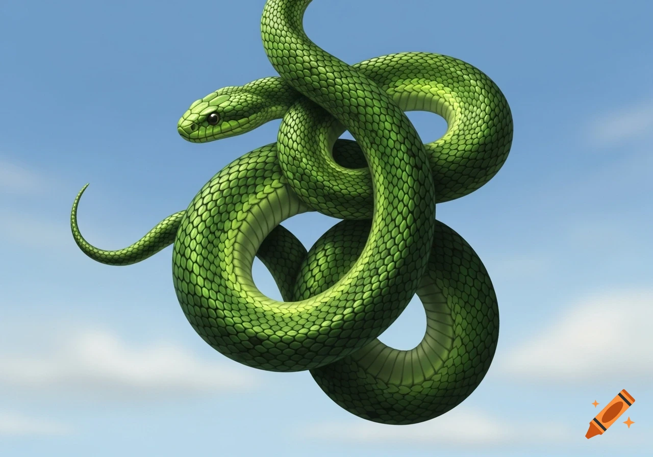 A vibrant green snake with intricate scales coils in mid-air against a clear blue sky.