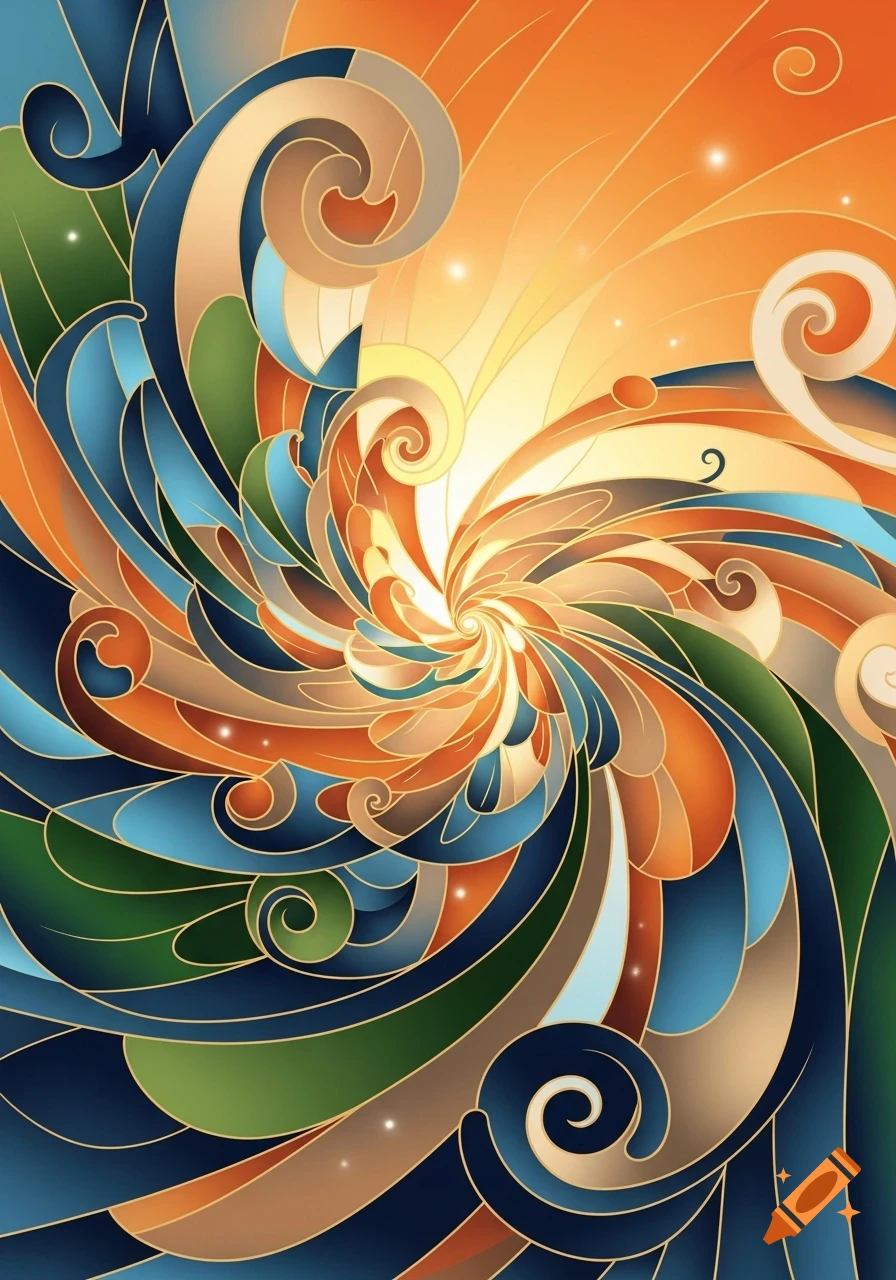 Vibrant abstract pattern with swirling shapes in blue, green, orange, and yellow, resembling waves and sunbeams with thin gold outlines.