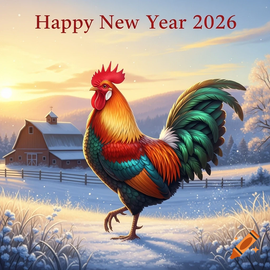 A vibrant rooster stands in a snowy farm field under a sunrise, with a barn in the background and 'Happy New Year 2026' text.