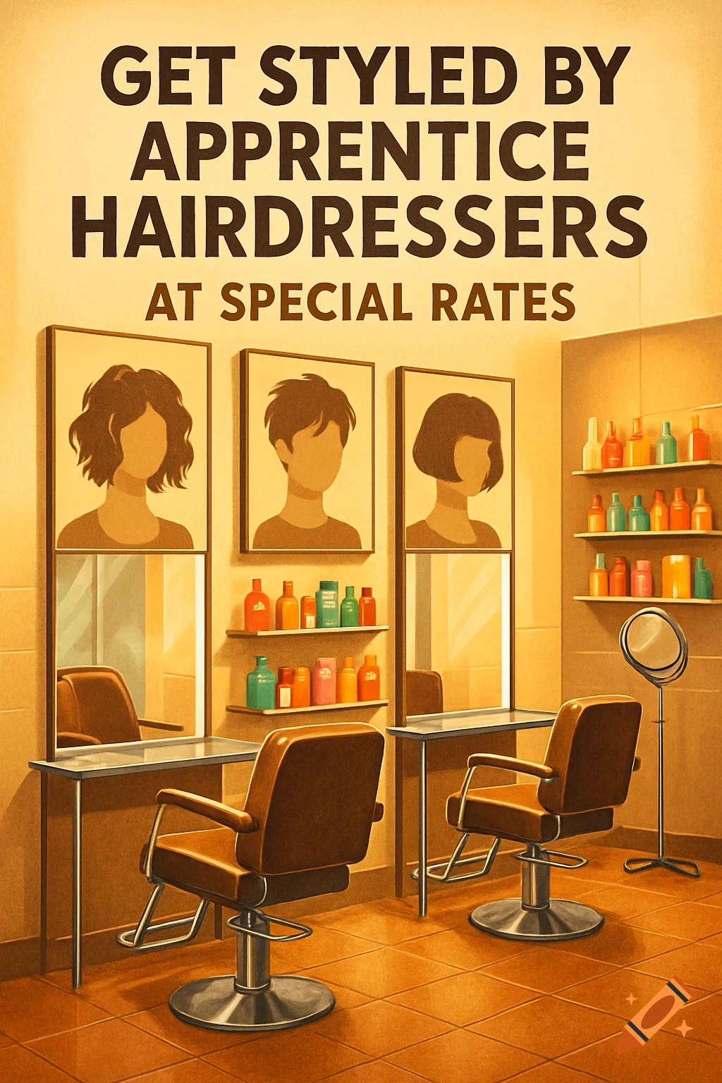 A poster showing the interior of a hair salon with chairs, mirrors, and products. Text reads: GET STYLED BY APPRENTICE HAIRDRESSERS AT SPECIAL RATES.