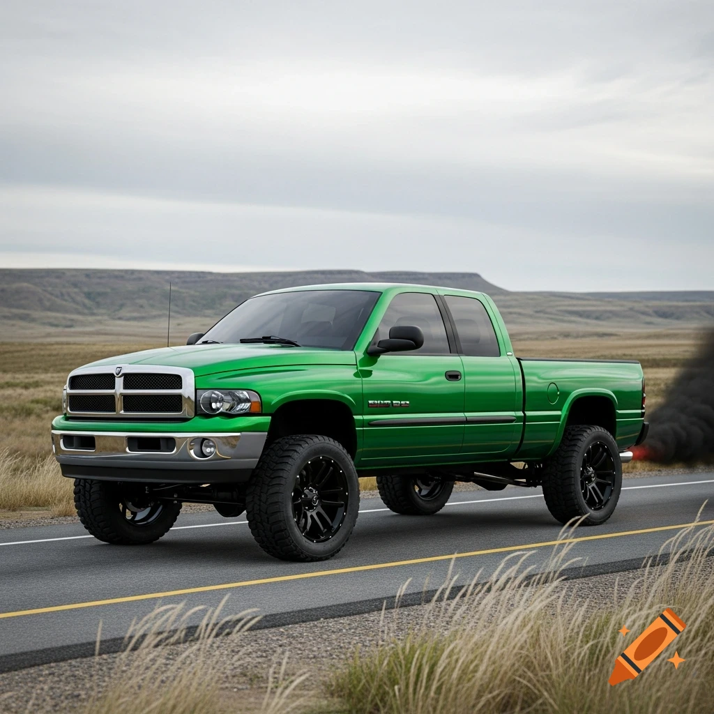 Bright green lifted pickup truck with black rims on a highway, exhaling dark smoke, with a distant mountain range under a cloudy sky.