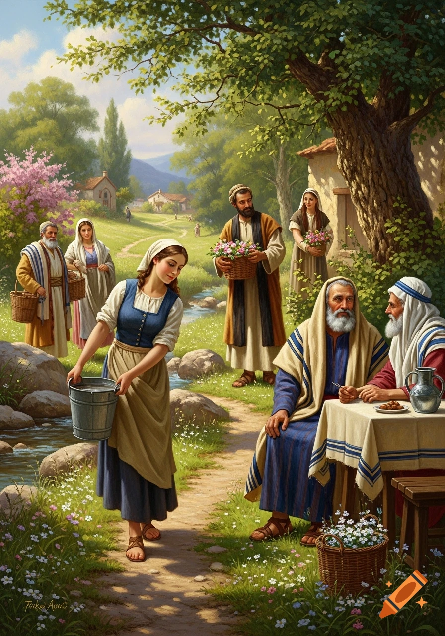 A vibrant Victorian-style painting of people in biblical attire in a lush, green pastoral setting with a stream and flowering trees.