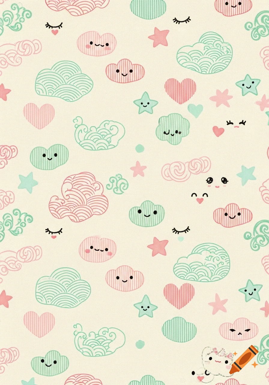 A pastel pattern of pink and mint green clouds, hearts, and stars with smiling faces, on a textured cream background.