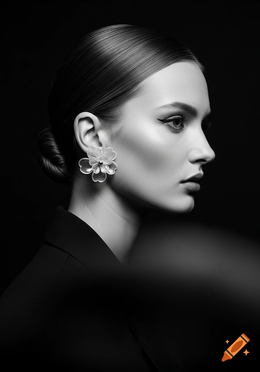 High-contrast black-and-white side profile portrait of a woman with slicked-back hair and a translucent flower earring.