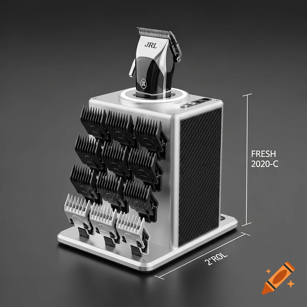 A JRL hair clipper on a silver and black stand with twelve clipper guards attached to the side, set against a dark background.