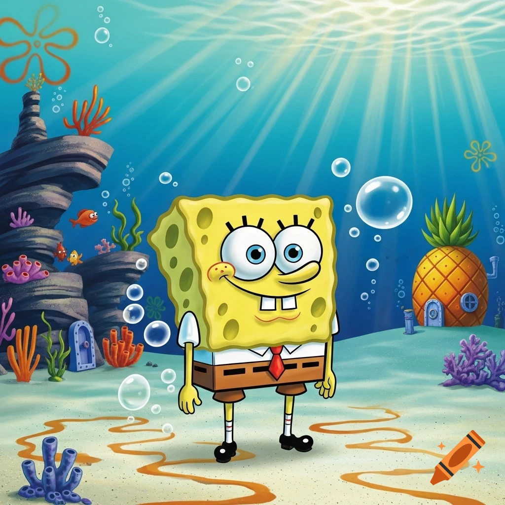 Spongebob Squarepants smiling in a vibrant underwater scene with his pineapple house and coral reefs.