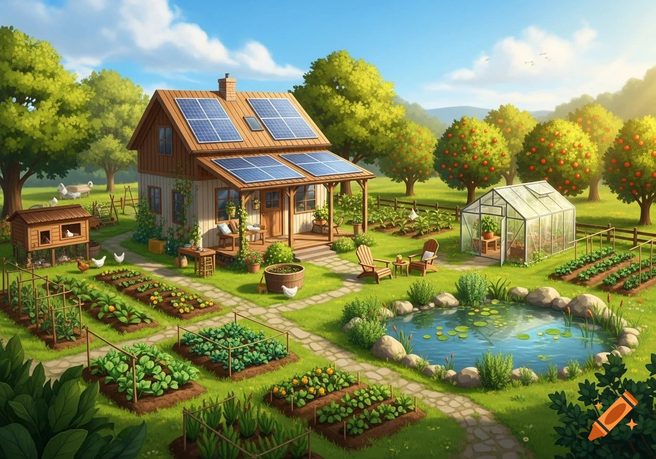 An idyllic, illustrative self-sufficient homestead with a house, solar panels, large vegetable gardens, a greenhouse, a pond, chickens, and fruit trees.