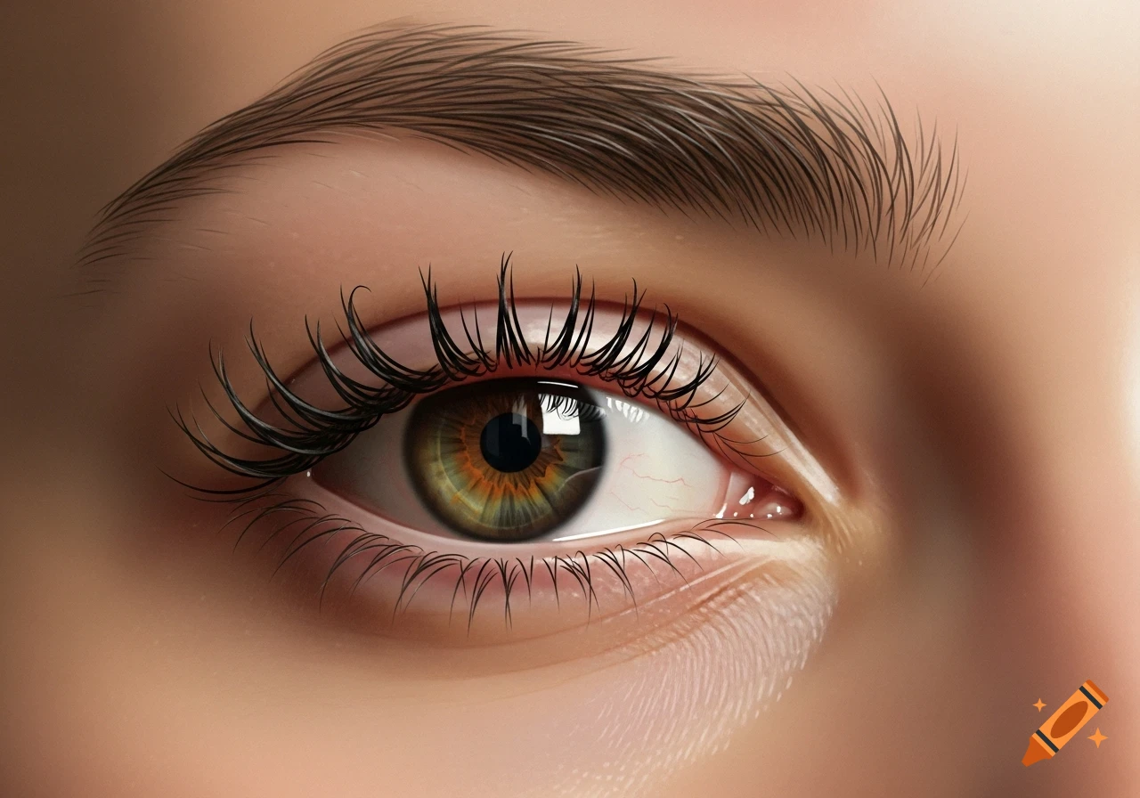 A photorealistic close-up of a human eye with a green-brown iris, long dark eyelashes, and a natural-looking eyebrow.