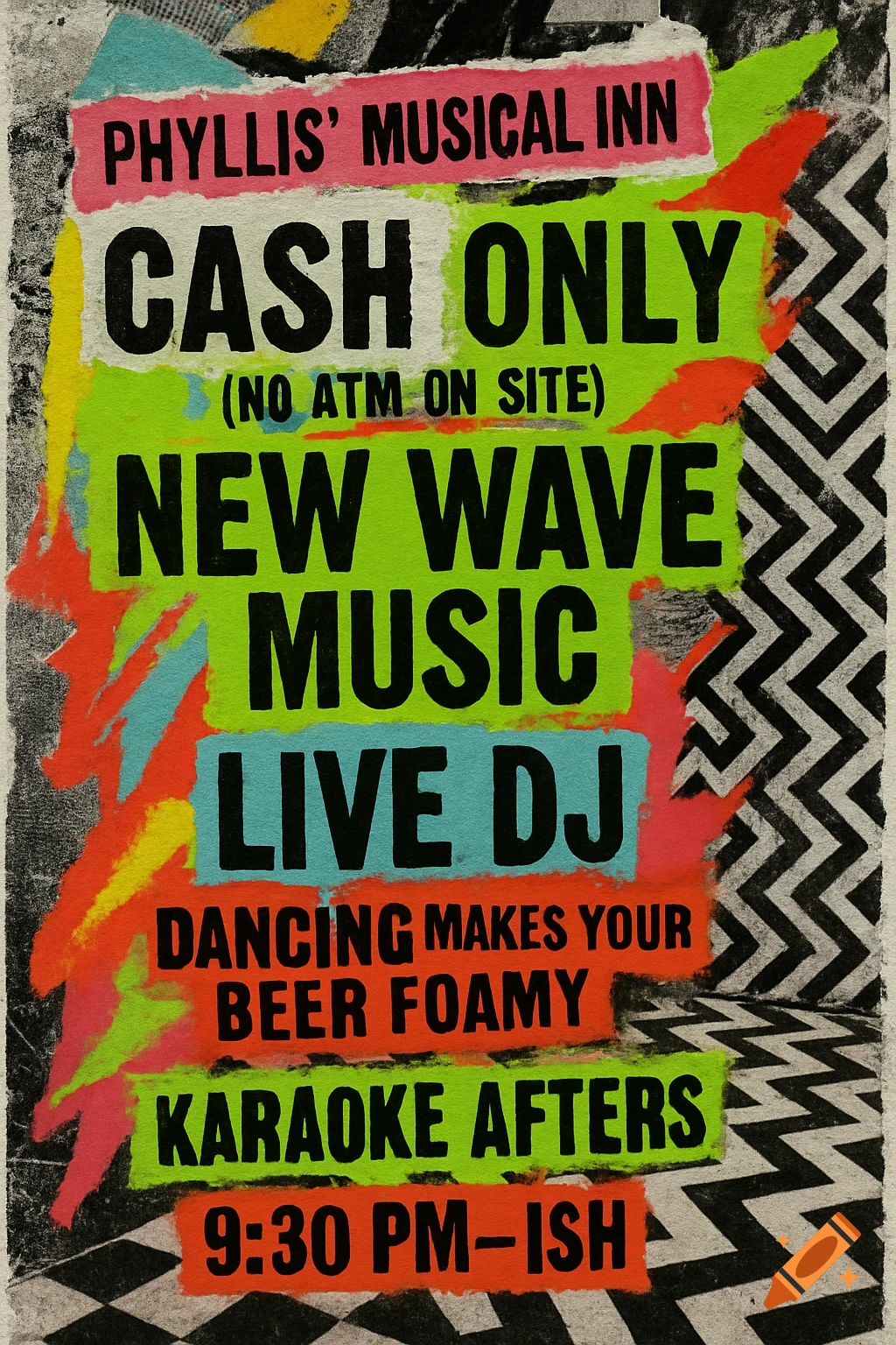 A vibrant, distressed punk collage poster advertising "PHYLLIS’ MUSICAL INN" with "CASH ONLY", "NEW WAVE MUSIC", "LIVE DJ", and "KARAOKE AFTERS 9:30 PM-ISH".
