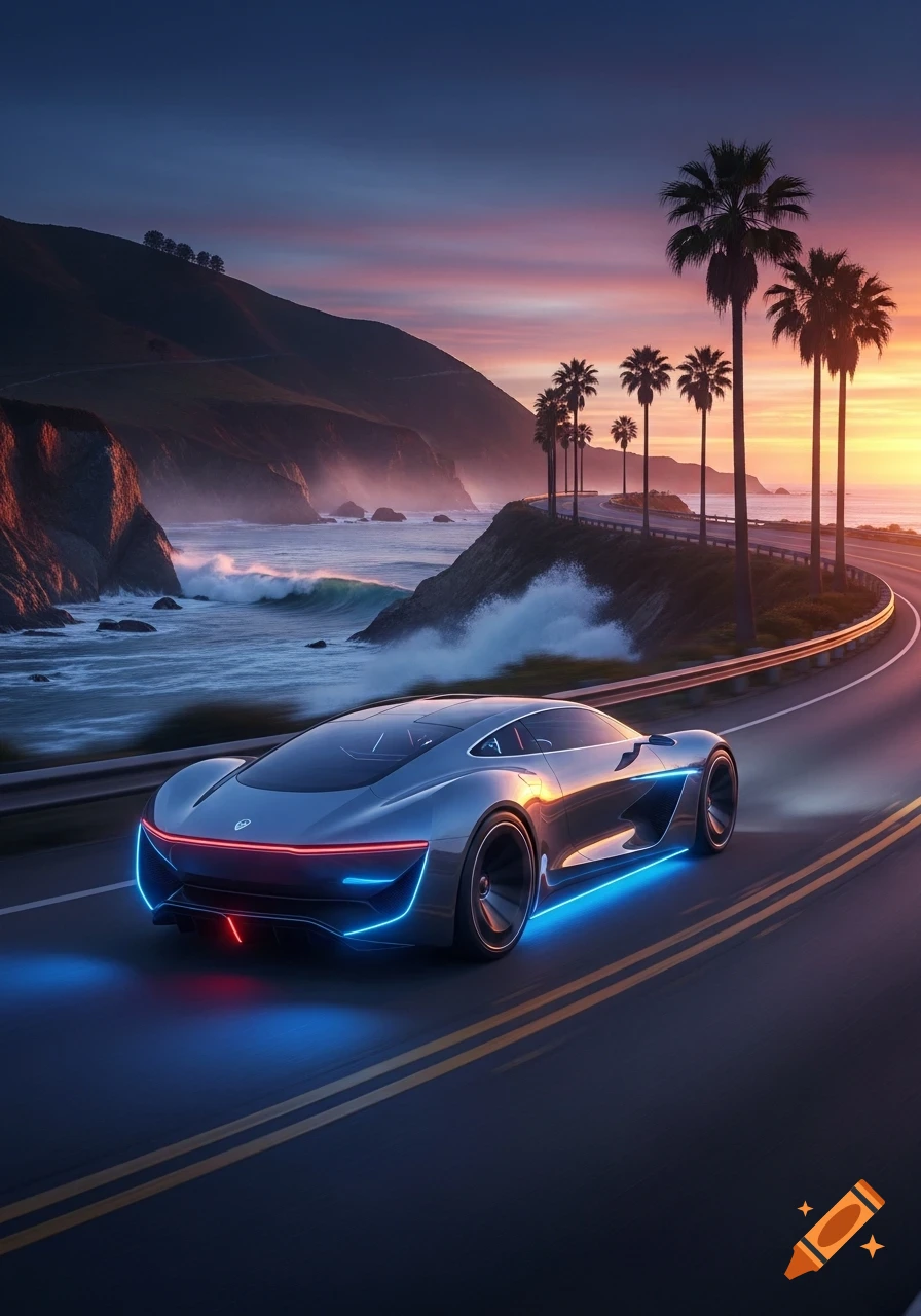 A futuristic silver car with neon blue and red lights drives on a coastal road lined with palm trees at sunset.