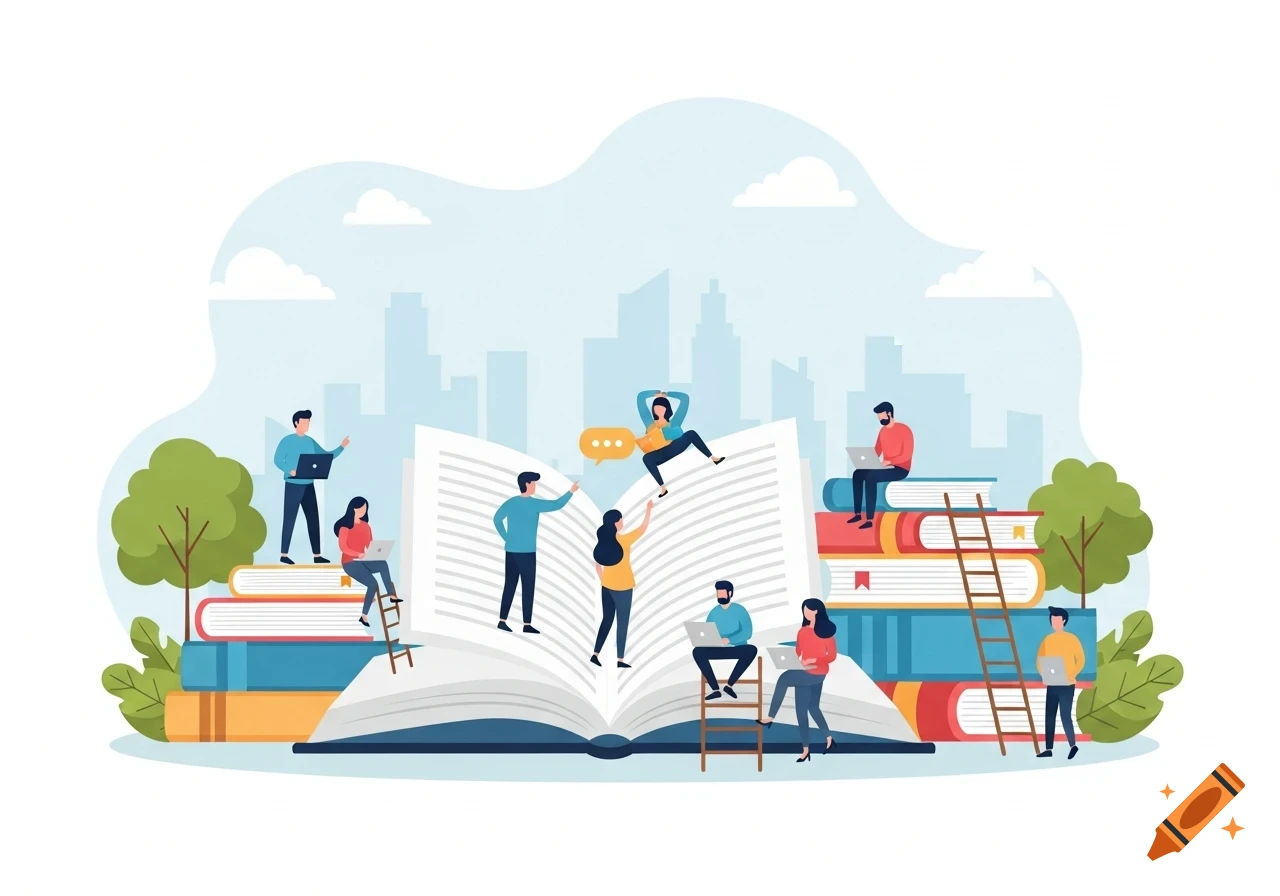 Flat design illustration of diverse people interacting with an open book and book stacks, symbolizing education and collaboration against a city skyline.