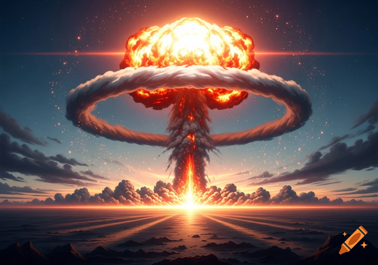 A powerful atomic mushroom cloud from a bright explosion lights up a dark, desolate landscape at twilight.