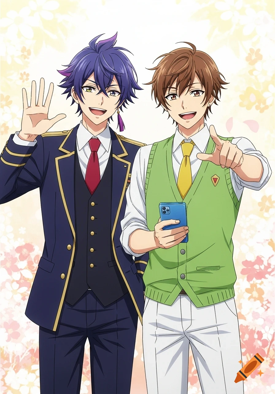 Two smiling anime boys. One with blue hair in a dark blue suit waves; the other with brown hair in a green vest points, holding a blue phone.