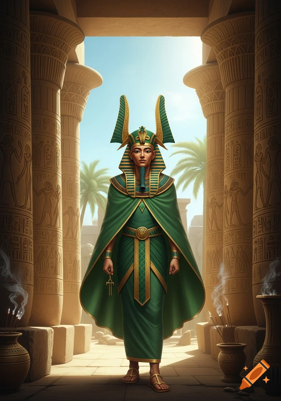 A serene pharaoh-like figure in green and gold robes and an elaborate headdress stands within an ancient Egyptian temple.