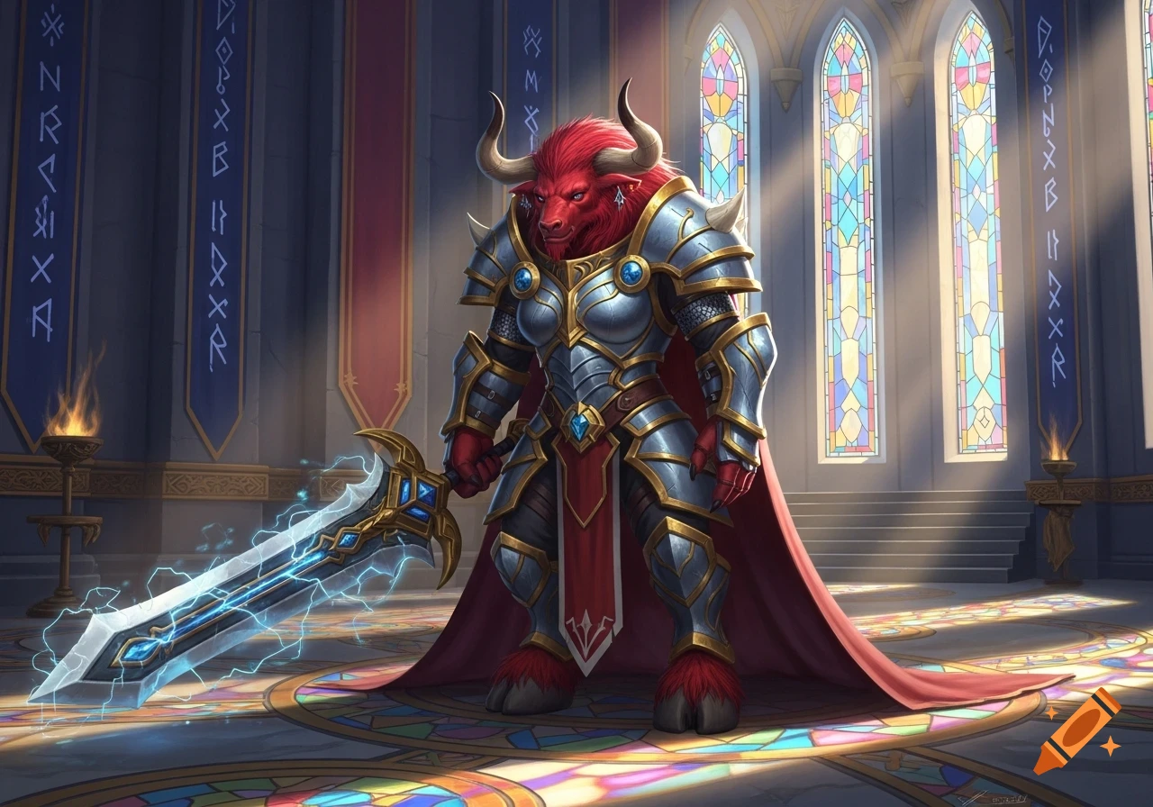 A red-furred female minotaur paladin in ornate silver and gold armor holds a glowing blue sword in a grand hall with stained glass windows.