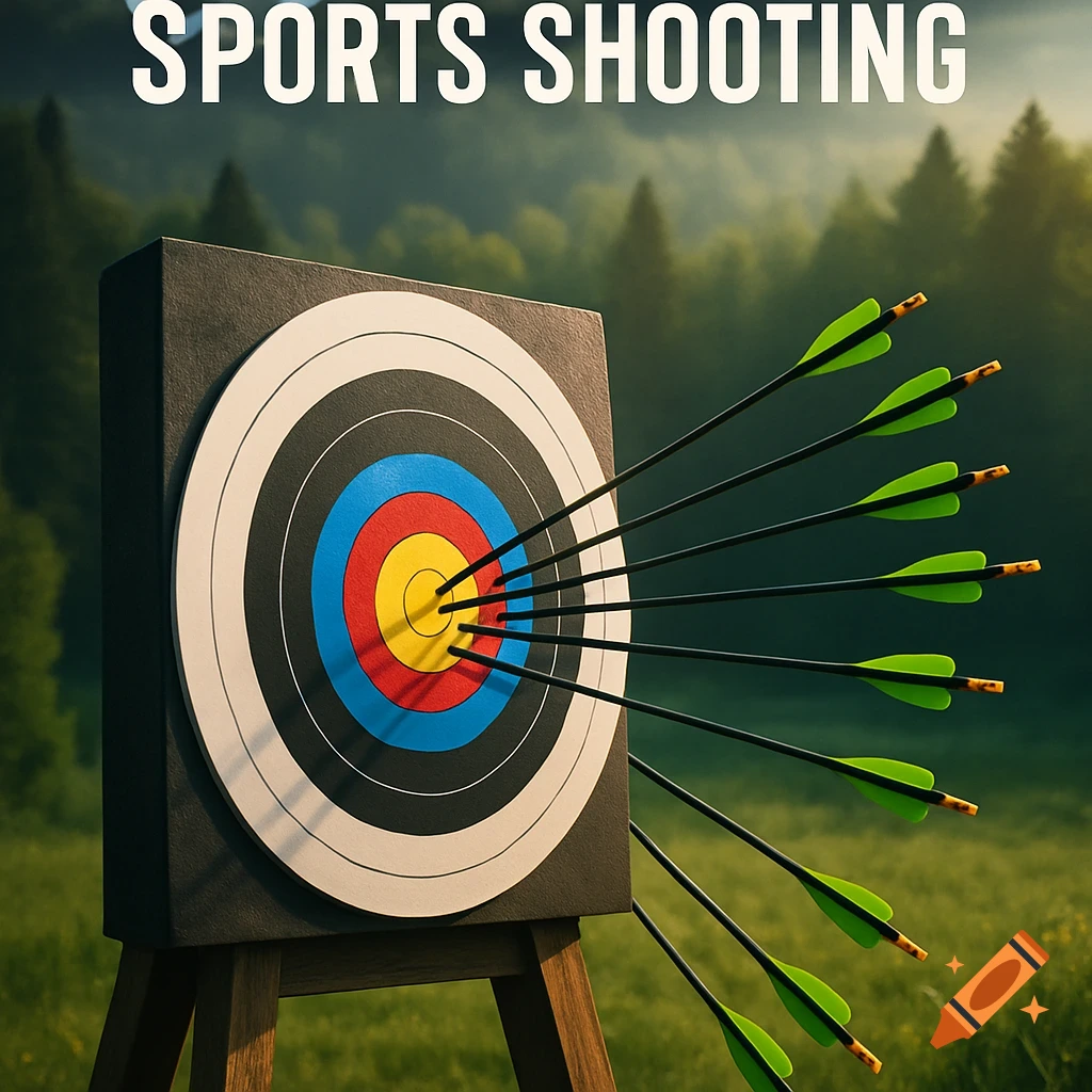 An archery target with multiple arrows stuck in the bullseye and around it, set in a green field with a forest background.