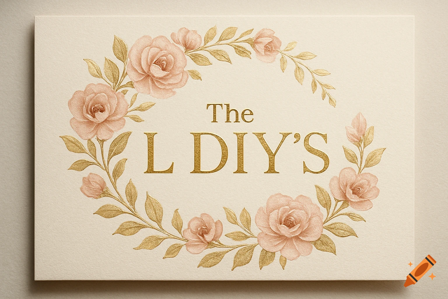 A beige business card with a golden, elegant floral wreath surrounding the text "The L DIY'S" in gold lettering, giving a luxurious feel.