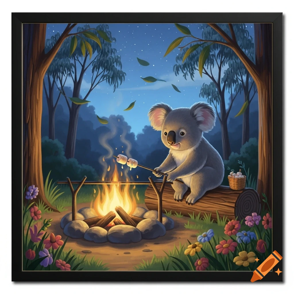 A cute cartoon koala sitting by a campfire and roasting marshmallows in a moonlit forest scene.