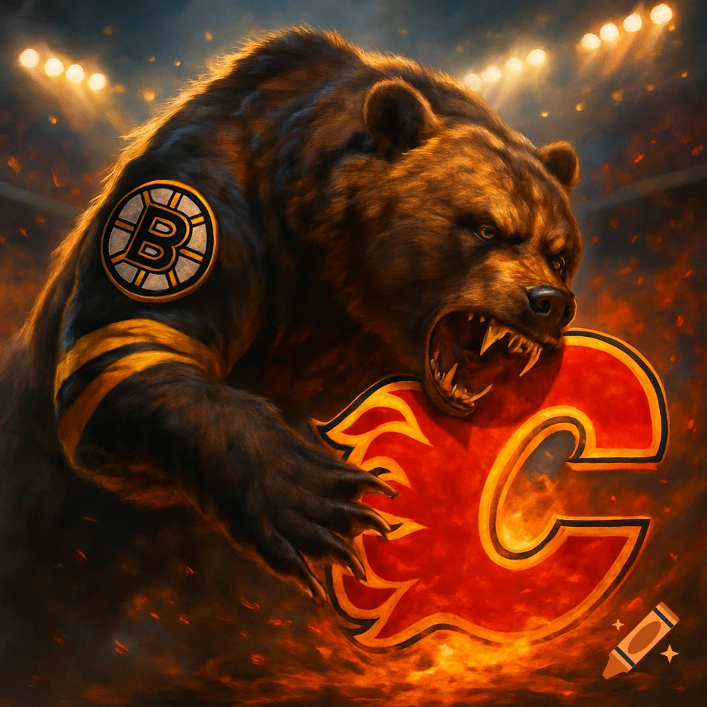 A fierce brown bear wearing a Boston Bruins jersey chomps on a fiery red Calgary Flames logo in a stadium, digital art.
