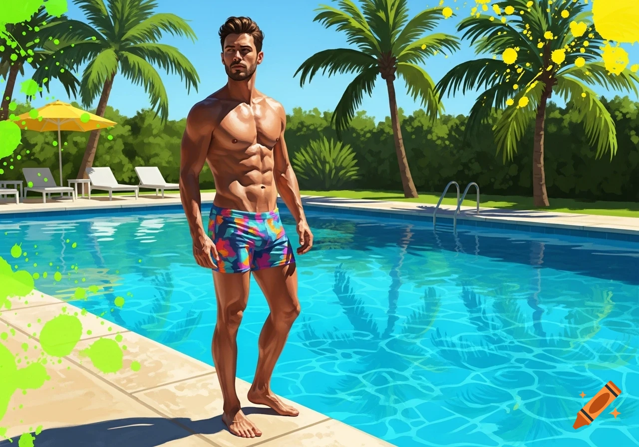 A muscular man in colorful swim trunks stands by a swimming pool with palm trees under a bright blue sky, with paint splatters.