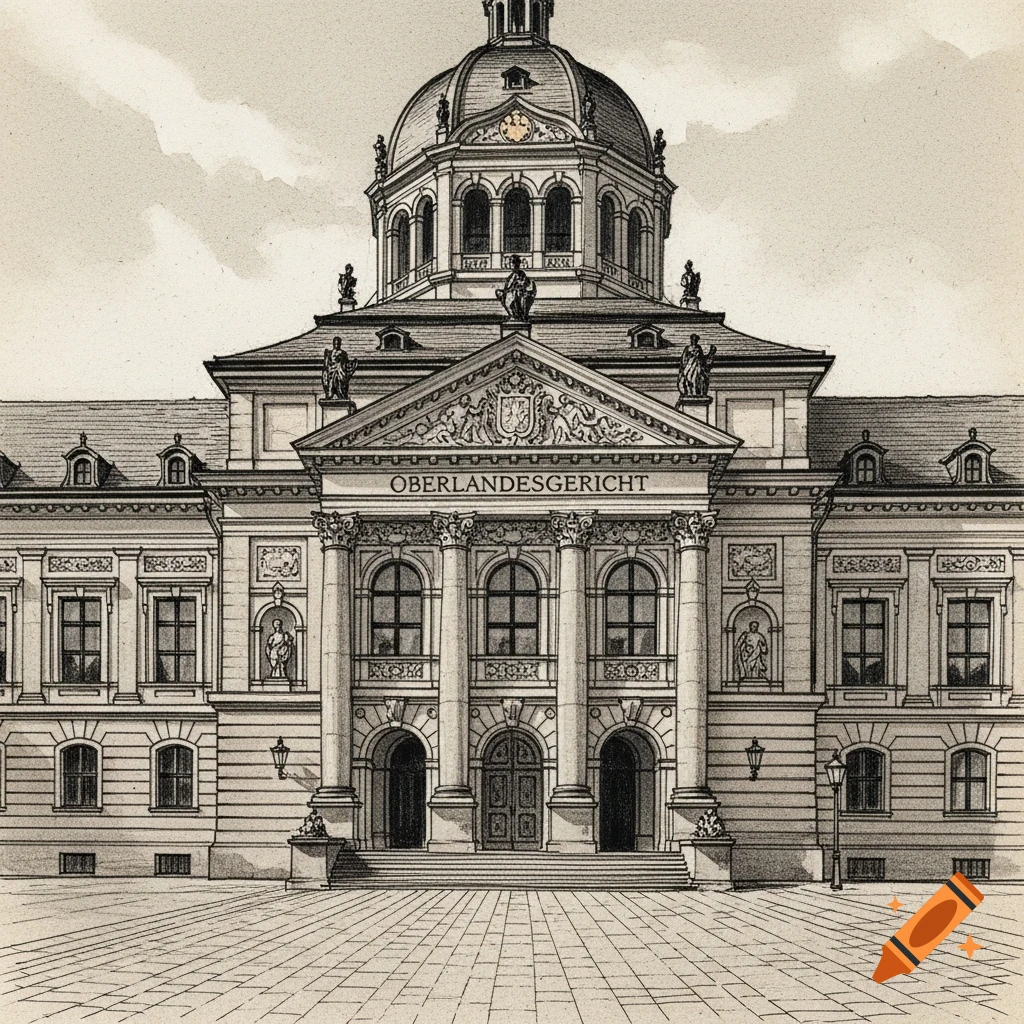 A detailed architectural drawing of a grand Neoclassical building with a large dome, pillars, and the word 'OBERLANDESGERICHT' on its facade.