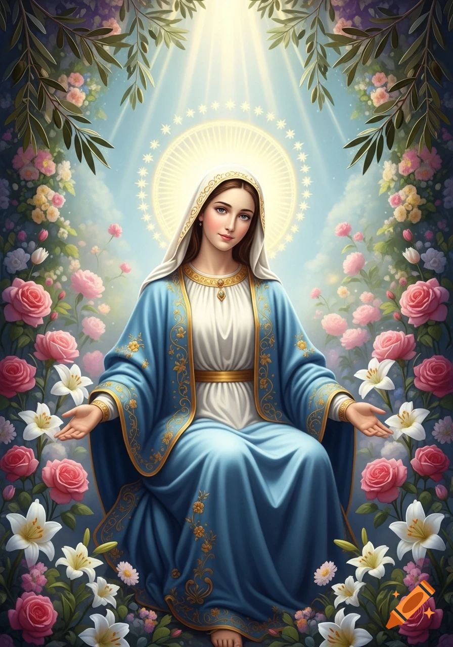 Virgin Mary in a blue and white robe, with a halo, surrounded by pink roses and white lilies, bathed in divine light.