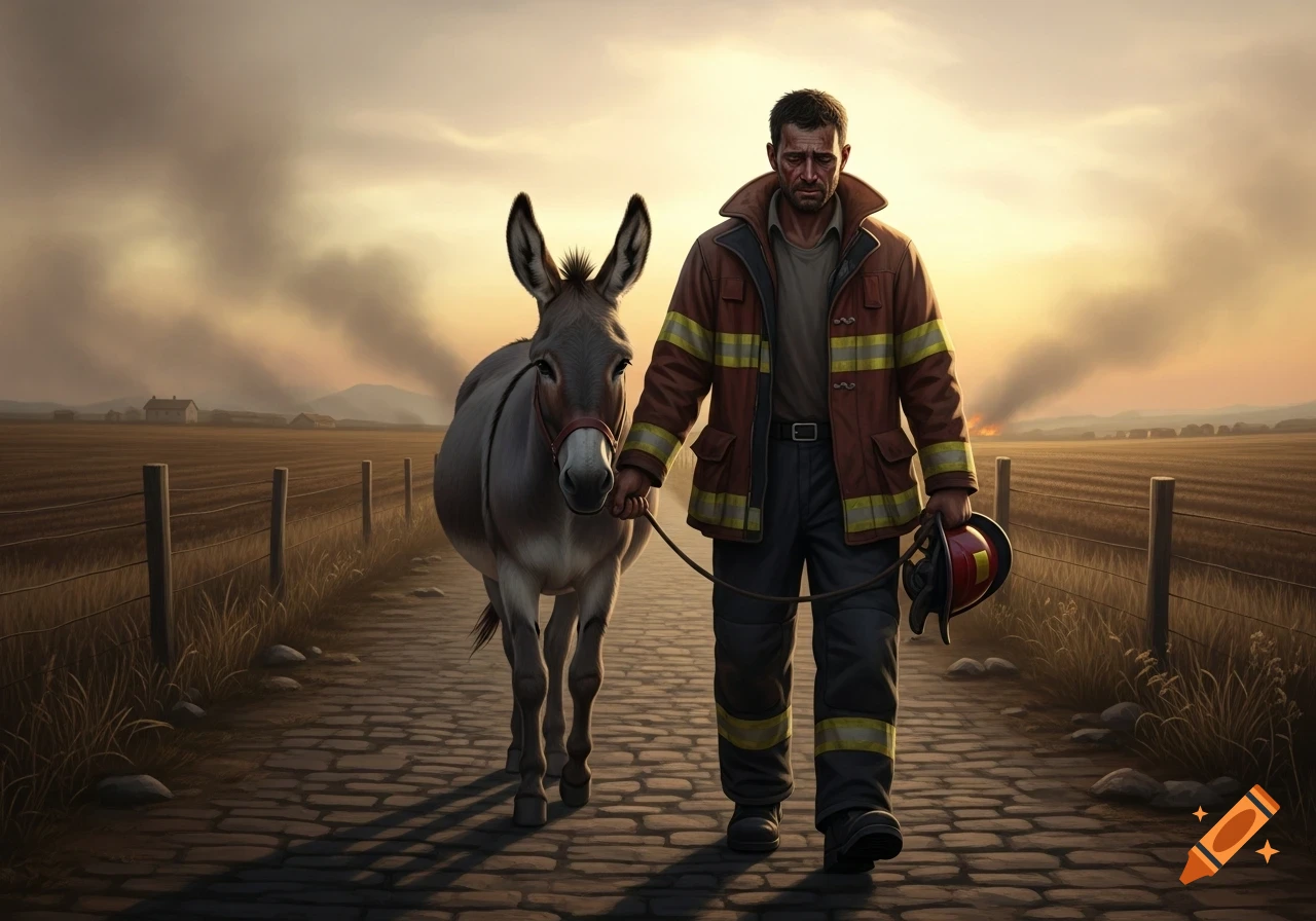 A sad firefighter leads a donkey down a cobblestone path in a rural landscape with distant smoke at sunset, photorealistic style.