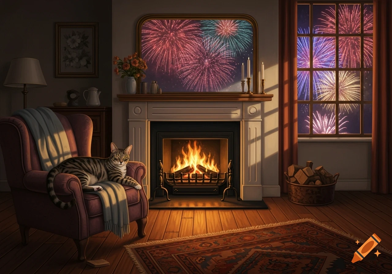 A tabby cat lounges on a chair in a cozy living room with a lit fireplace, fireworks visible outside the window and reflected in a mirror.