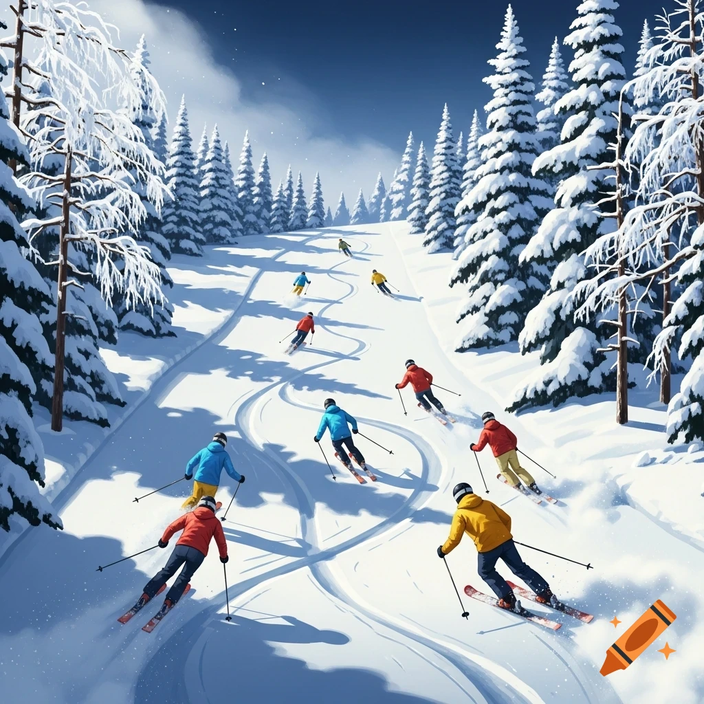 Skiers in colorful outfits descend a snow-covered mountain slope with fir trees, under a bright blue sky, in a vibrant illustration.