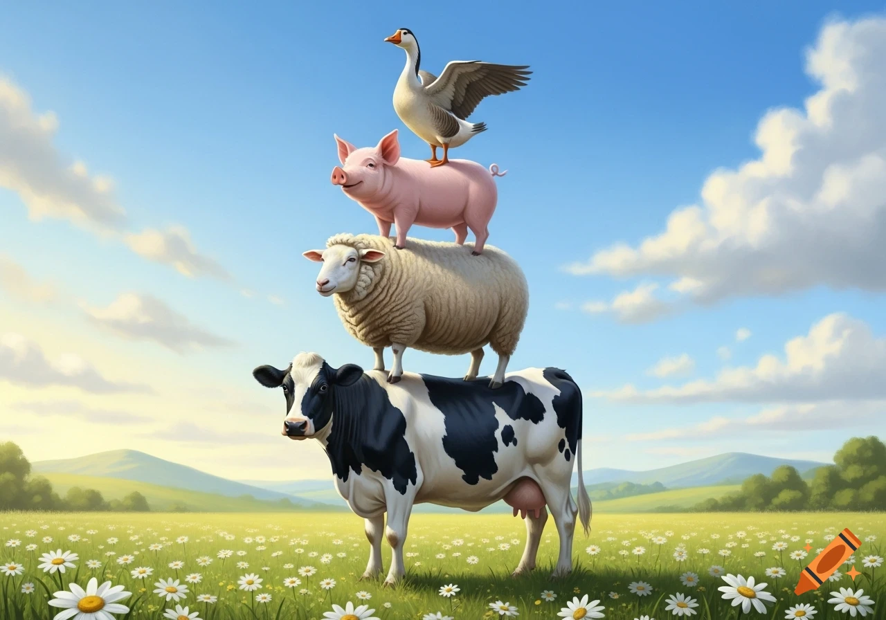 A cow, sheep, pig, and goose are stacked vertically in a sunny field with white daisies and rolling hills.
