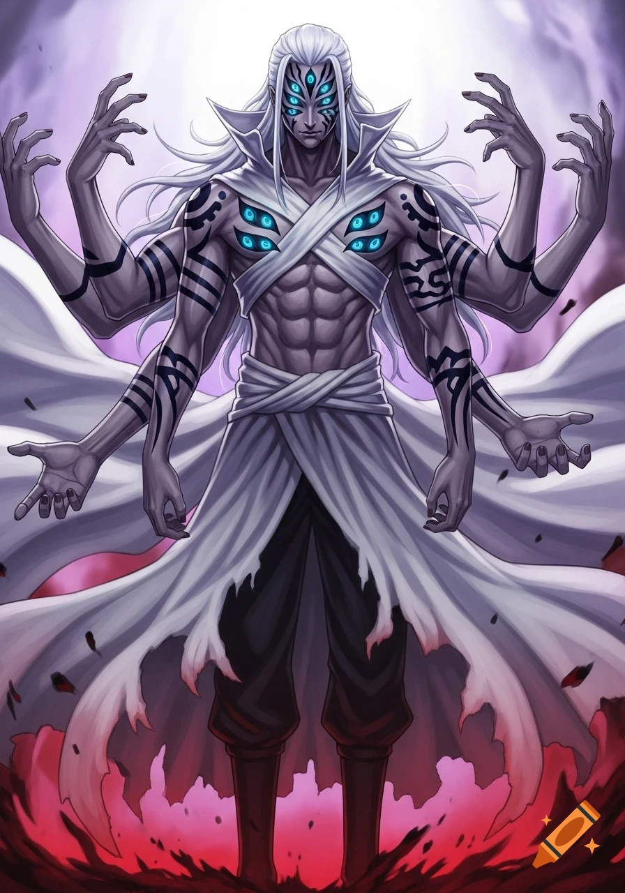 A white-haired, multi-armed, multi-eyed cursed spirit in a white robe with prominent abs and black tribal tattoos stands in a dramatic pose with a purple and red background in anime style.