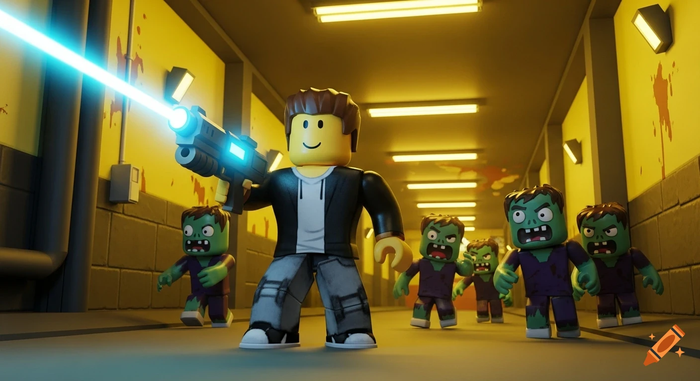 Roblox character with a laser gun fights blocky cartoon zombies in a yellow-walled hallway.