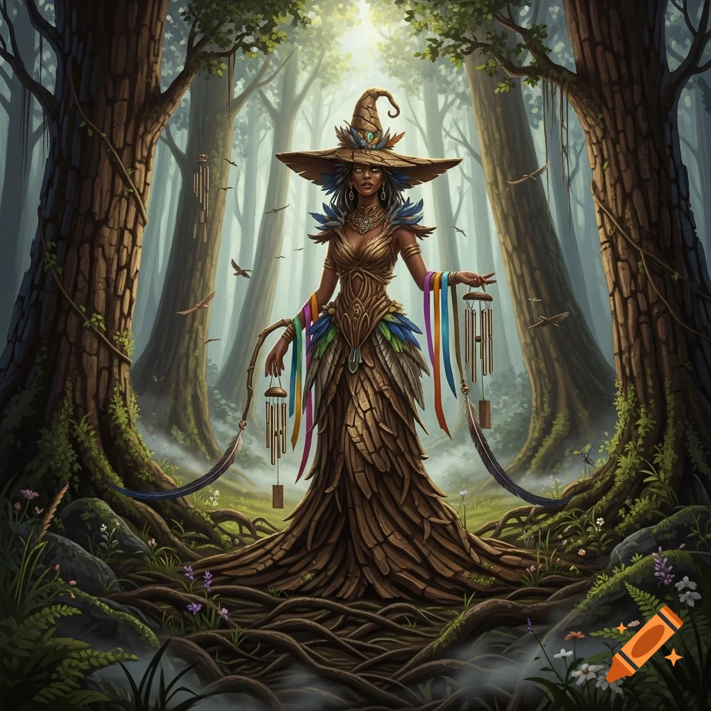 A fantasy witch with caramel skin in a tree-bark dress and wide hat holds wind chimes in a mystical forest.
