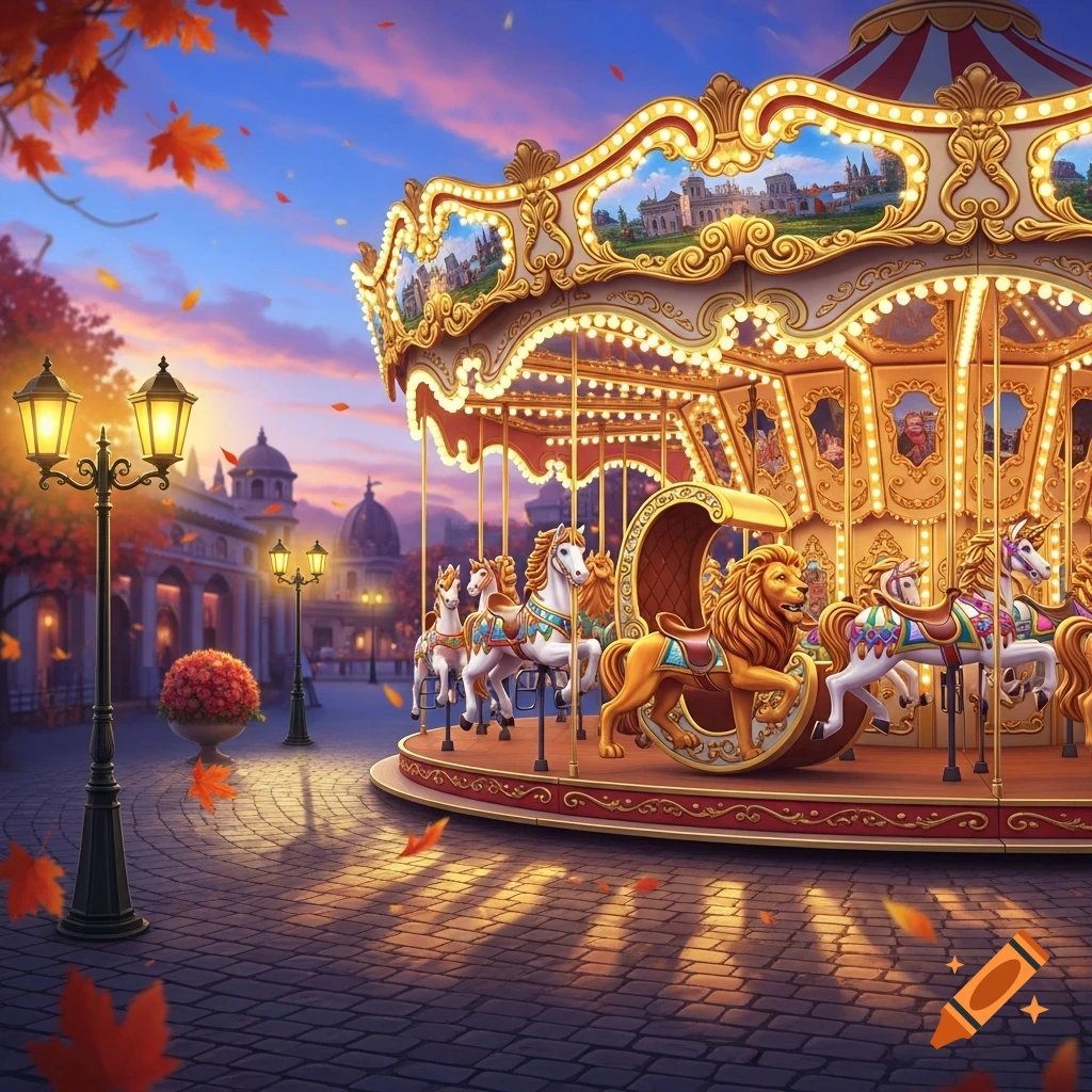 A vibrant carousel with horses and a lion at dusk, surrounded by illuminated street lamps and falling autumn leaves.