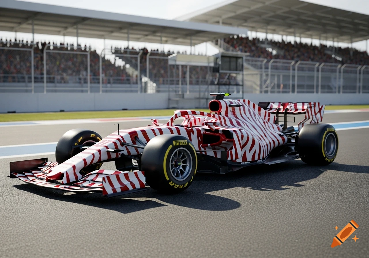 A red and white zebra-striped Formula 1 car on a race track, with spectators in grandstands.