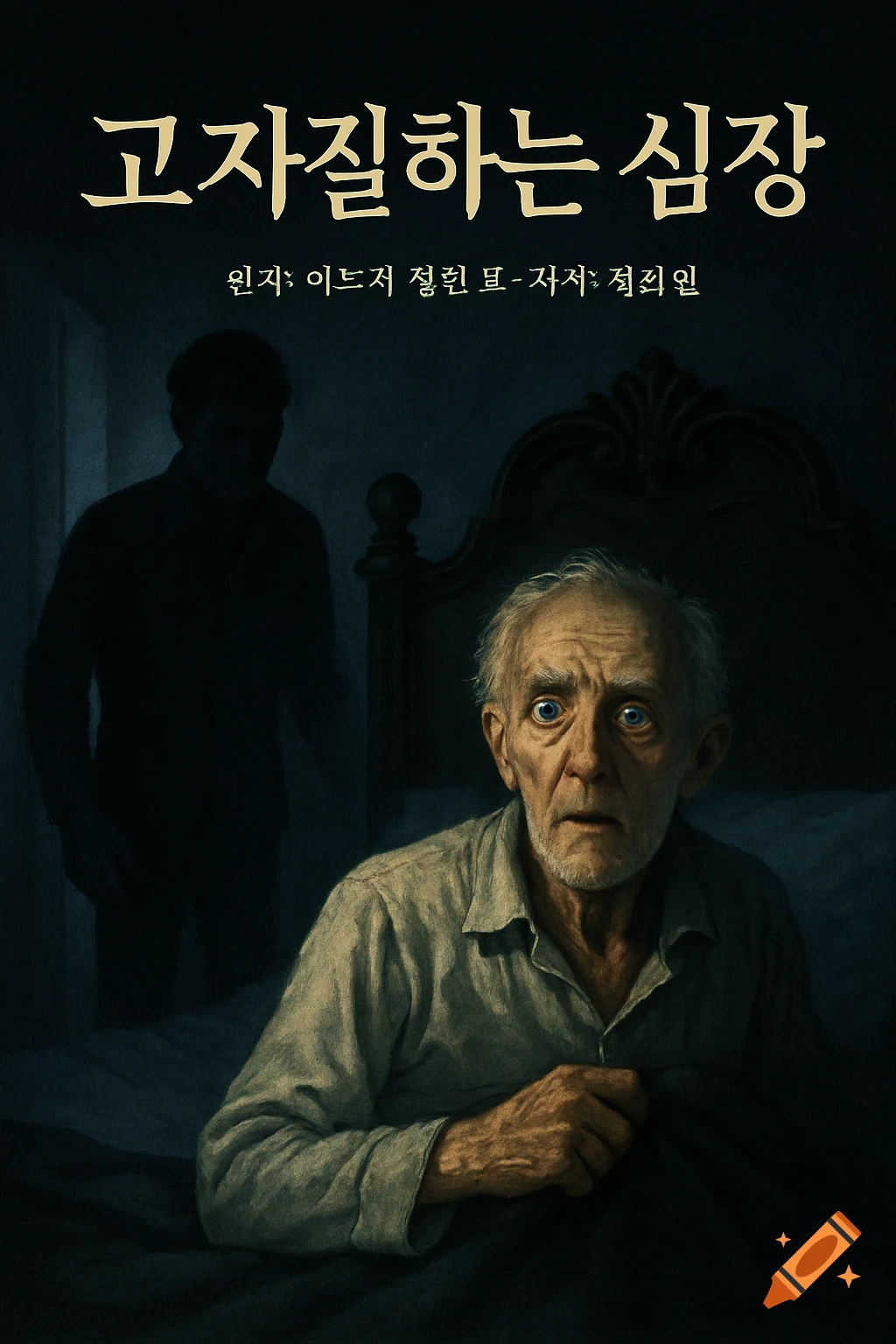 A startled old man with wide blue eyes and a cataract sits up in bed, looking at a dark, shadowy figure in the background. Korean text at the top reads "고자질하는 심장" and a smaller subtitle.