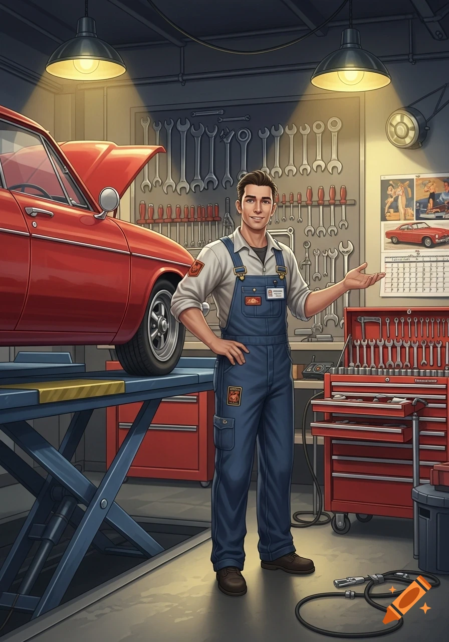 An illustration of a smiling male mechanic in blue overalls, standing next to a red car on a lift in a well-equipped garage.