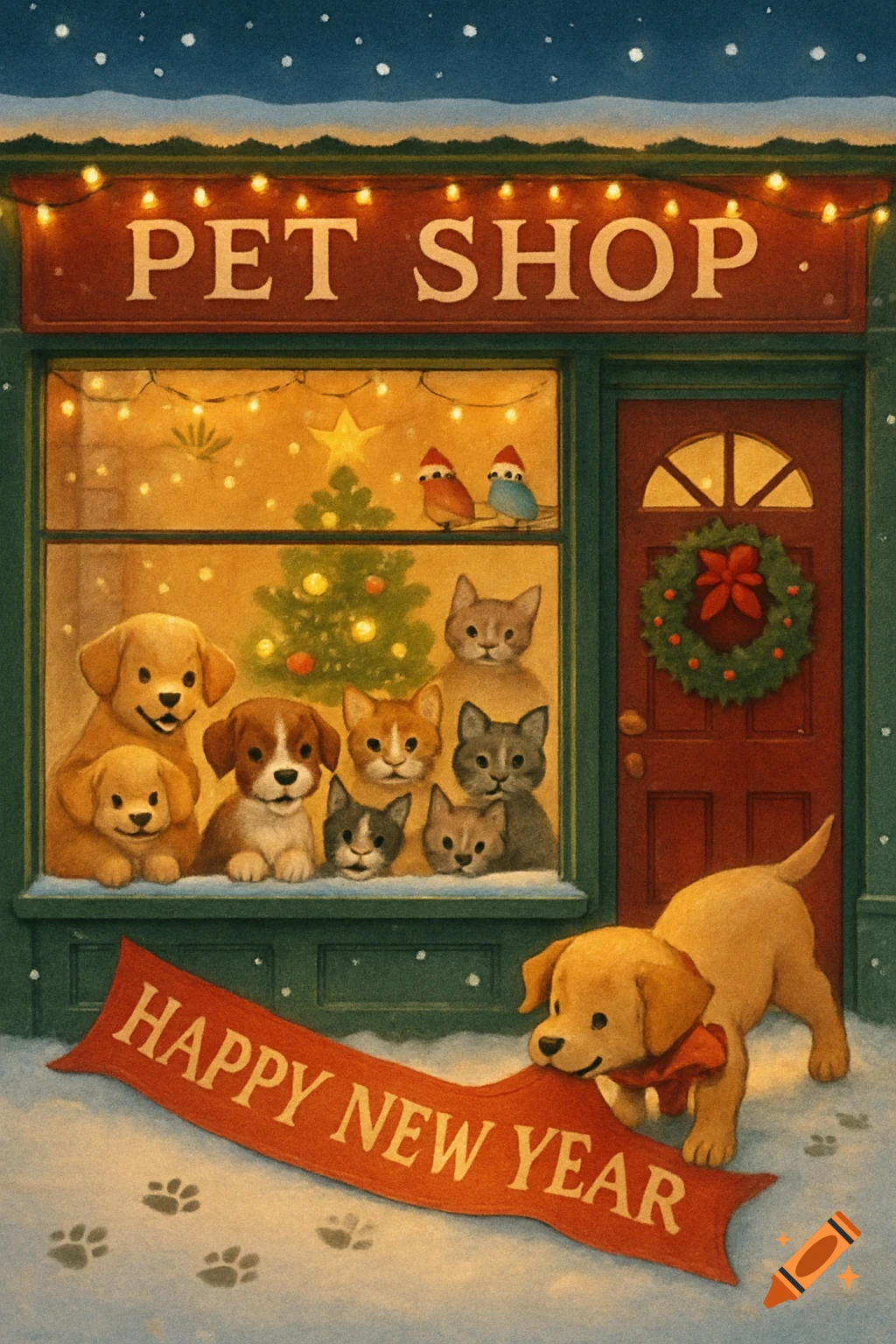 Whimsical illustration of a pet shop window filled with puppies and kittens, a puppy pulls a 'Happy New Year' banner in the snow.