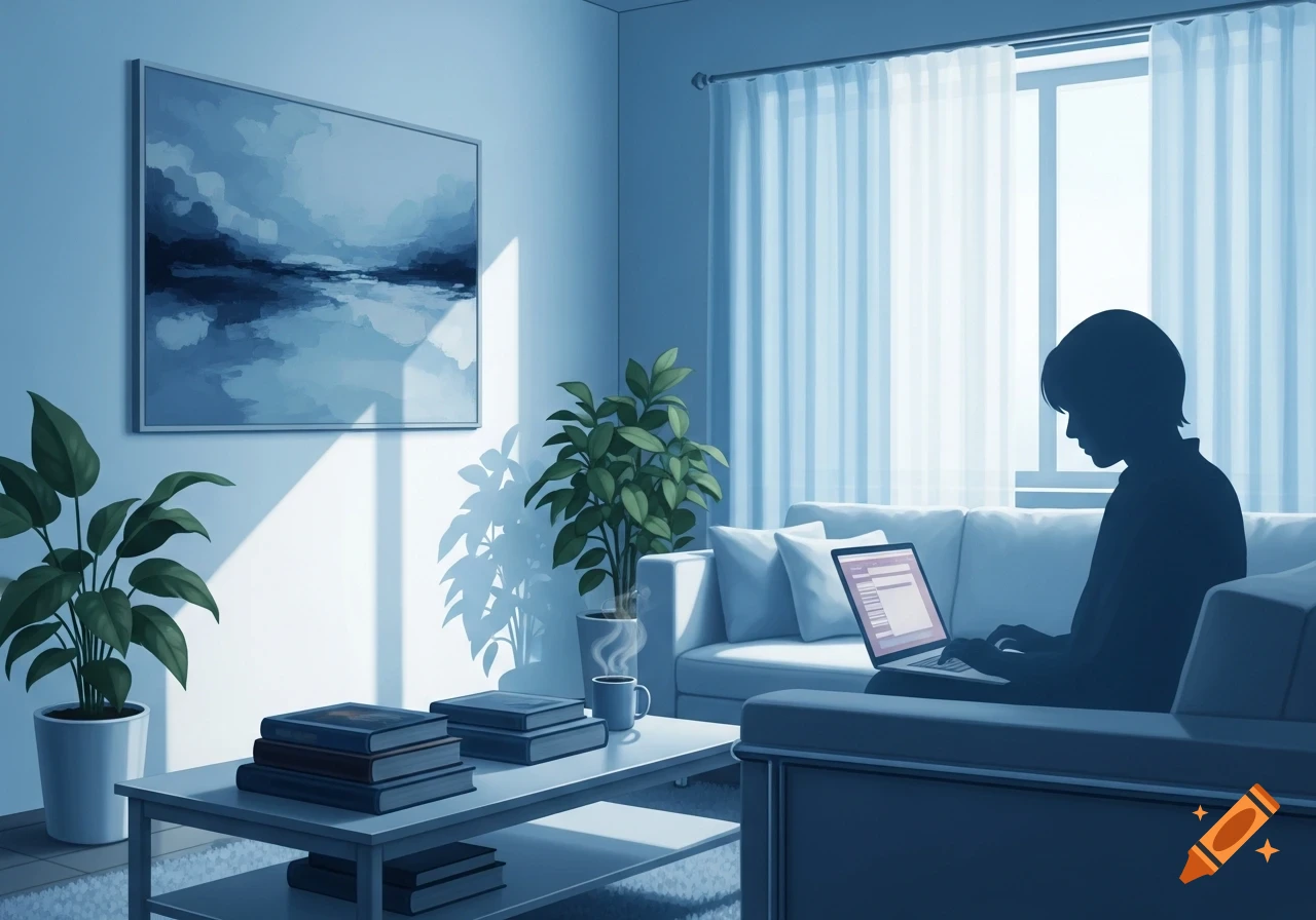 A stylized, blue-toned living room with a person as a silhouette working on a laptop on a sofa. Books and plants are on a coffee table.
