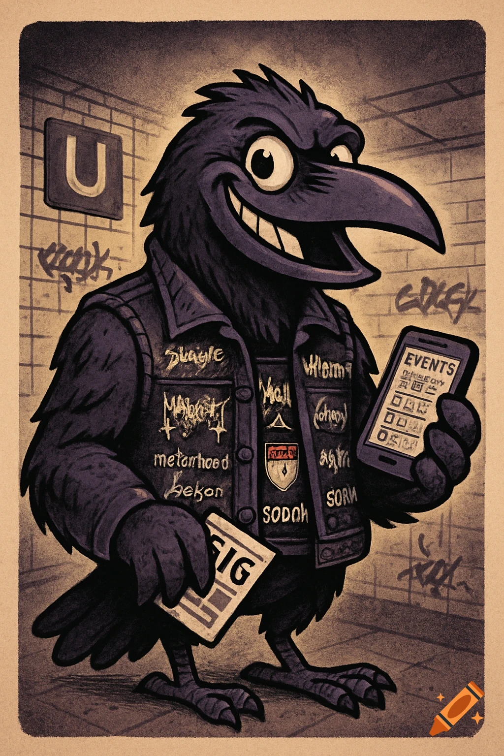Comic-style black raven mascot with a mischievous grin, wearing a metal battlejacket with patches, holding a gig flyer and a smartphone showing 'EVENTS' in a subway station with a 'U' sign and graffiti.