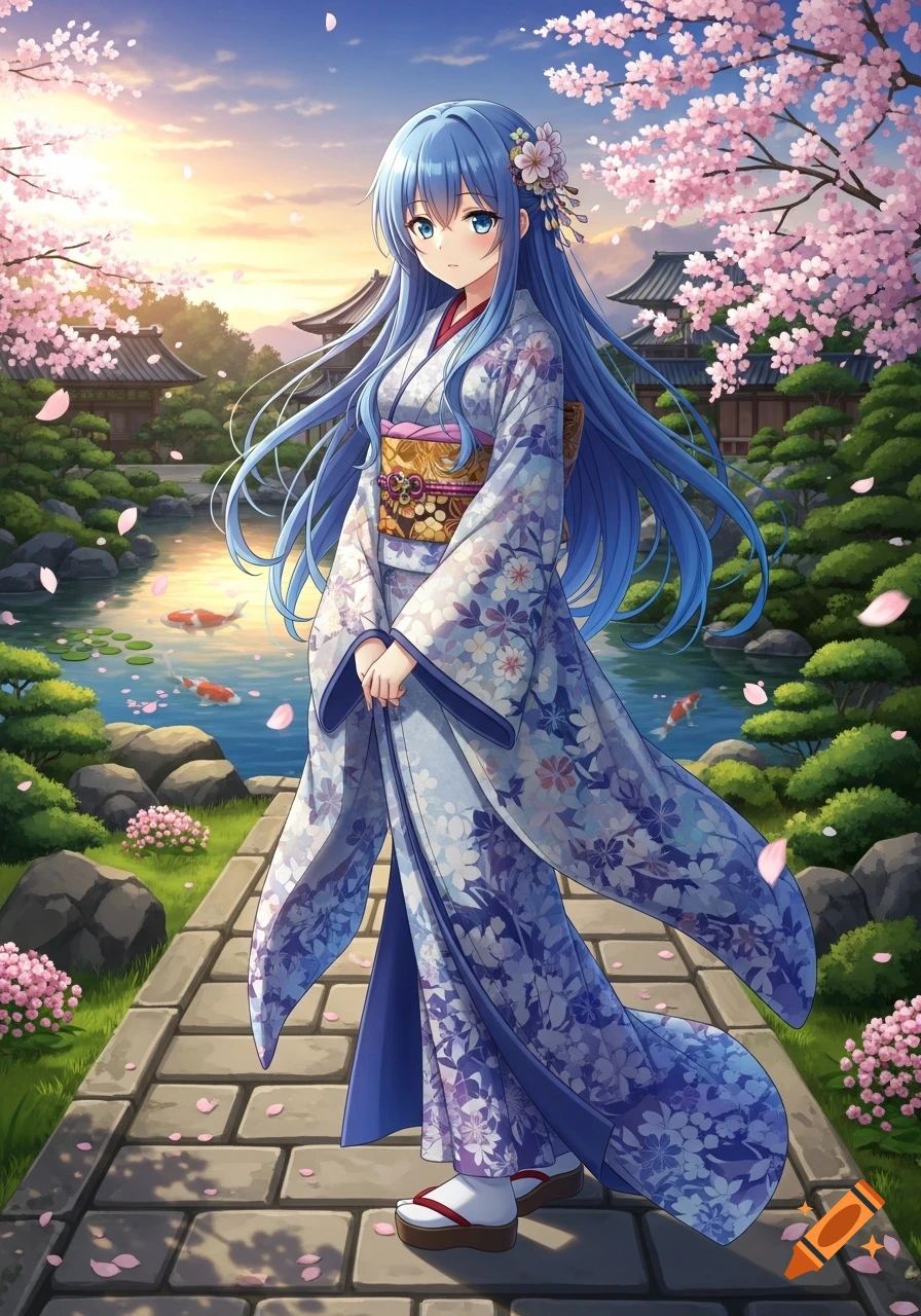 An anime girl with blue hair in a floral kimono walks a stone path through a Japanese garden with cherry blossoms and a koi pond at sunset.