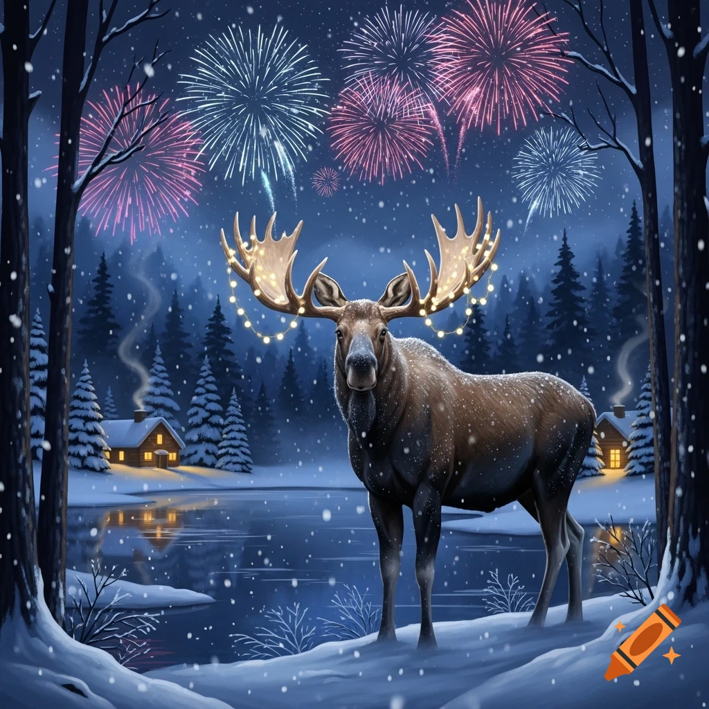 Illustrated moose with string lights on its antlers in a snowy winter forest by a lake, with cabins and fireworks in the night sky.