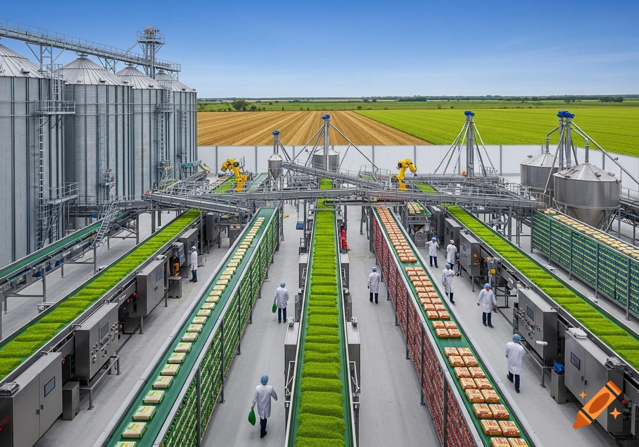 An aerial view of a modern agro-food processing plant with conveyor belts, workers, silos, and fields in the background.
