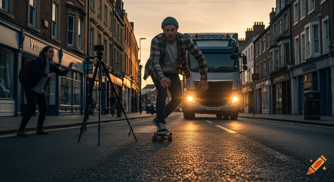 A man on a skateboard with a tripod is filmed on a city street at sunset, while a woman warns him of an approaching truck.