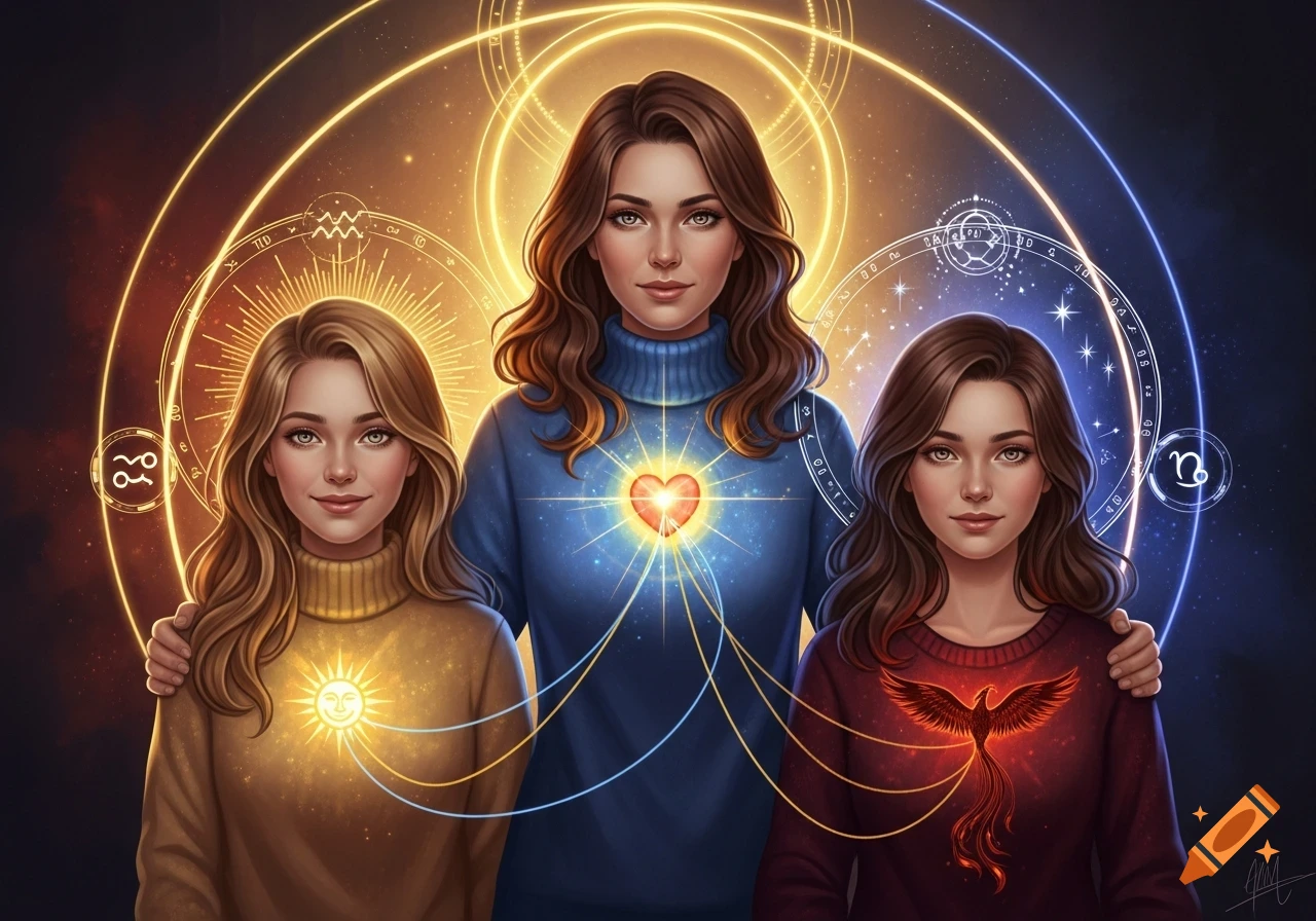 Digital painting of three women with glowing astrological symbols, interconnected by energy lines. Mother has a heart, daughters have sun and phoenix symbols.