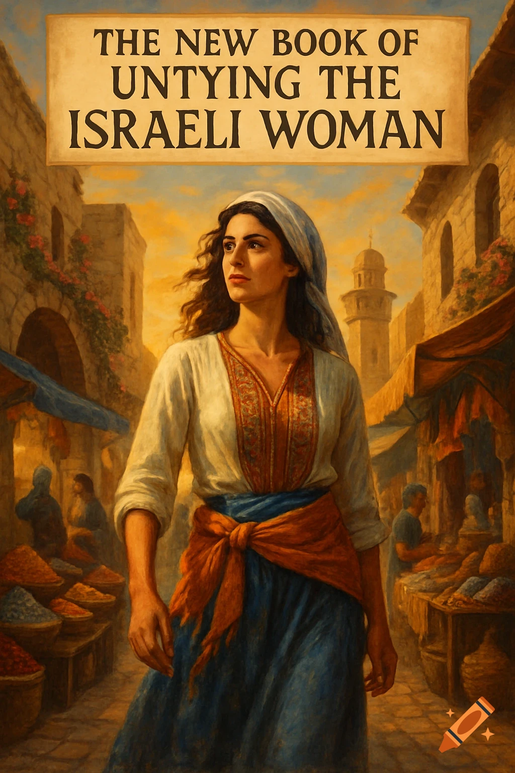 Painting of a woman in traditional clothes walking through a bustling Middle Eastern market street, with a sign reading "THE NEW BOOK OF UNTYING THE ISRAELI WOMAN" above her.