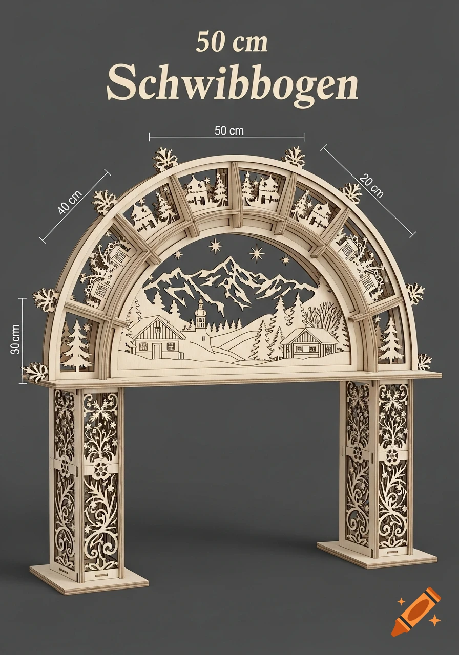A detailed laser-cut wooden Schwibbogen arch, featuring a winter village scene with mountains and houses, against a dark background. Dimensions are marked in centimeters.