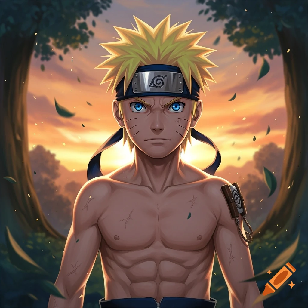 Anime illustration of a young, shirtless Naruto with spiky blonde hair and a Konoha headband, set against a forest sunset.